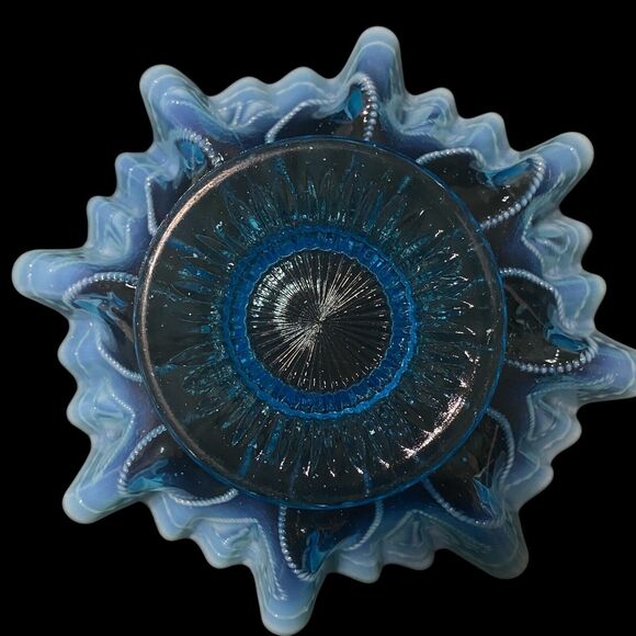 Nothwood Opalescent Blue Antique Glass Roulette Bowl 1906 Crimped Ruffled Edge - Picture 6 of 10